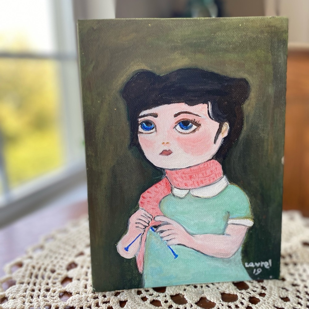 Painting Knitting Girl Portrait Art with Pink and Green Accents Signed